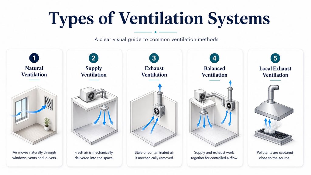 Ventilation Systems in Qatar: Design, Installation & Maintenance types of ventilation systems infographic