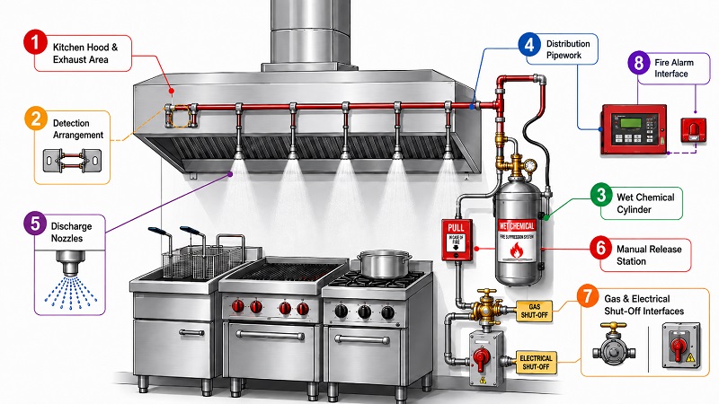 main components of a kitchen hood suppression system